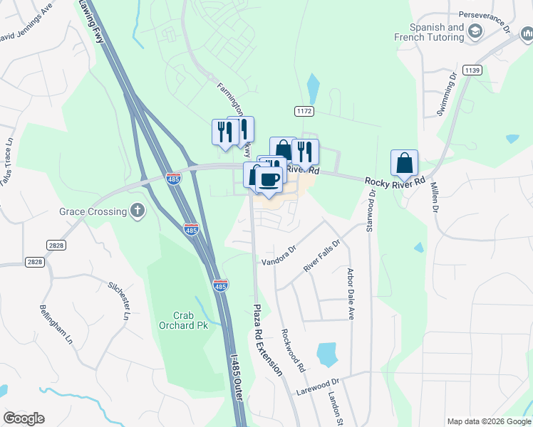 map of restaurants, bars, coffee shops, grocery stores, and more near 5683 Stafford Road in Charlotte