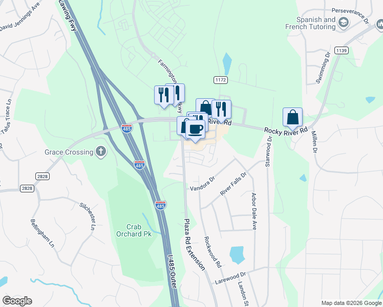 map of restaurants, bars, coffee shops, grocery stores, and more near 5683 Stafford Road in Charlotte