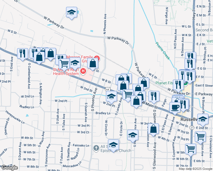 map of restaurants, bars, coffee shops, grocery stores, and more near 1412 West Main Street in Russellville