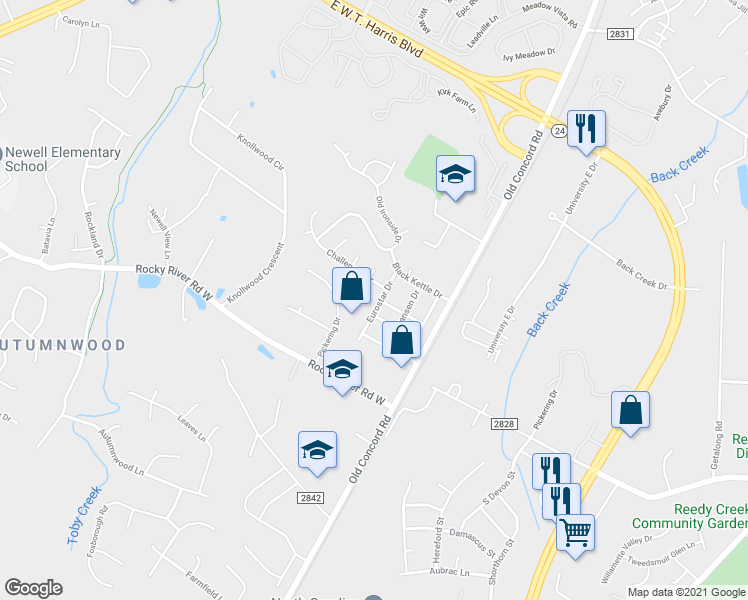 map of restaurants, bars, coffee shops, grocery stores, and more near 7543 Eurostar Drive in Charlotte