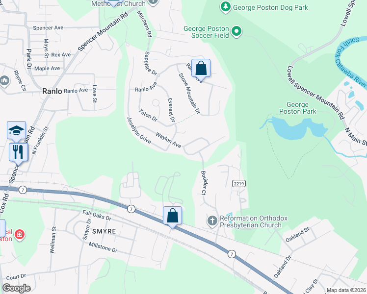 map of restaurants, bars, coffee shops, grocery stores, and more near 1377 Waylon Avenue in Gastonia