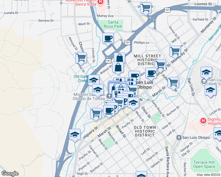 map of restaurants, bars, coffee shops, grocery stores, and more near 870 Mill Street in San Luis Obispo