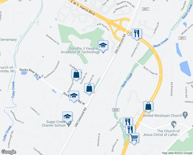 map of restaurants, bars, coffee shops, grocery stores, and more near 1515 Black Kettle Drive in Charlotte