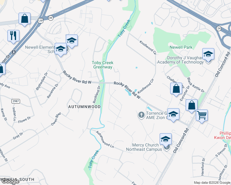 map of restaurants, bars, coffee shops, grocery stores, and more near 912-916 Rocky River Road West in Charlotte