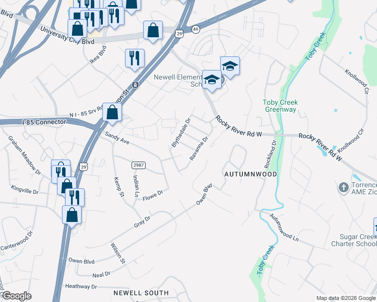 map of restaurants, bars, coffee shops, grocery stores, and more near in Charlotte
