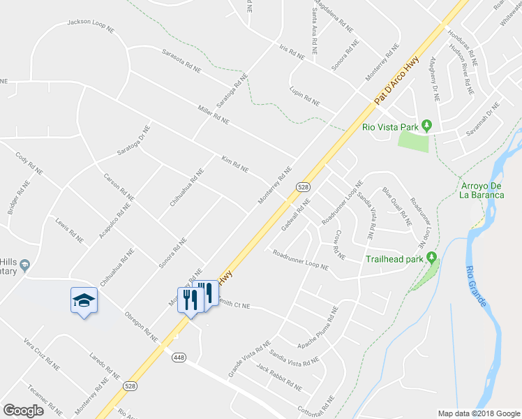map of restaurants, bars, coffee shops, grocery stores, and more near 1520 Monterrey Road Northeast in Rio Rancho