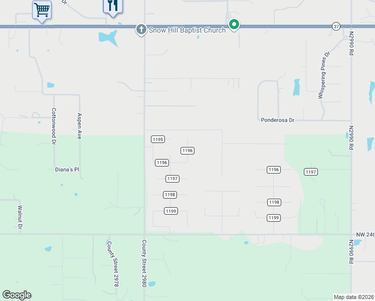 map of restaurants, bars, coffee shops, grocery stores, and more near 700 County Road 1196 in Tuttle