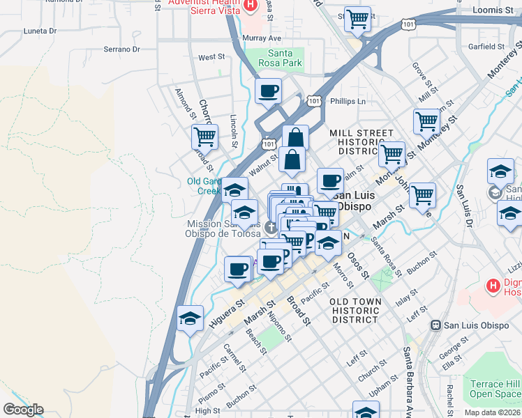 map of restaurants, bars, coffee shops, grocery stores, and more near 777 Chorro Street in San Luis Obispo