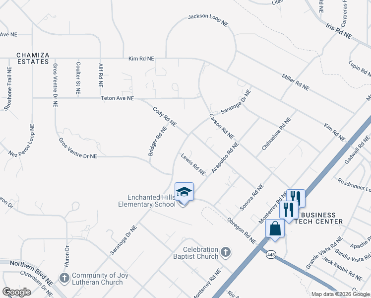 map of restaurants, bars, coffee shops, grocery stores, and more near 1441 Saratoga Drive Northeast in Rio Rancho