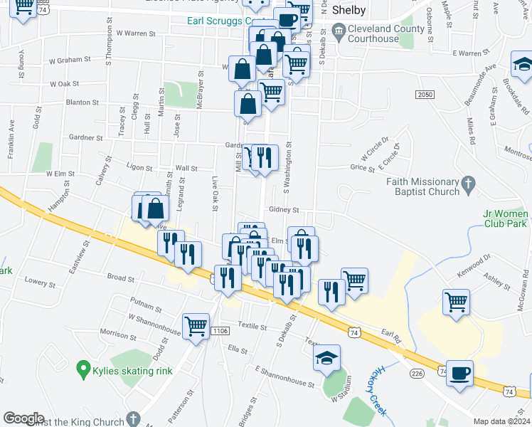 map of restaurants, bars, coffee shops, grocery stores, and more near 701 South Lafayette Street in Shelby