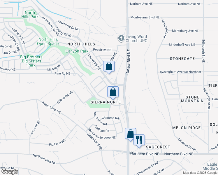 map of restaurants, bars, coffee shops, grocery stores, and more near 1524 Penasco Road Northeast in Rio Rancho