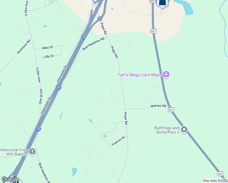 map of restaurants, bars, coffee shops, grocery stores, and more near 131 Fairview Village Road in Dunn