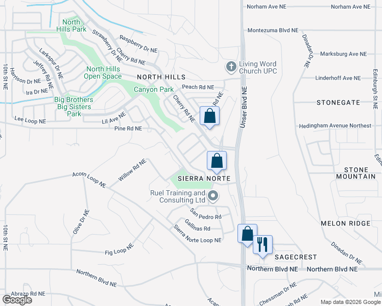 map of restaurants, bars, coffee shops, grocery stores, and more near 1612 Questa Road in Rio Rancho