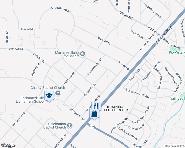map of restaurants, bars, coffee shops, grocery stores, and more near 1560 Chihuahua Road Northeast in Rio Rancho