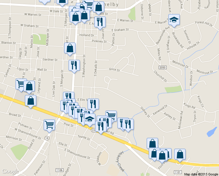 map of restaurants, bars, coffee shops, grocery stores, and more near 322 Deerfield Drive in Shelby