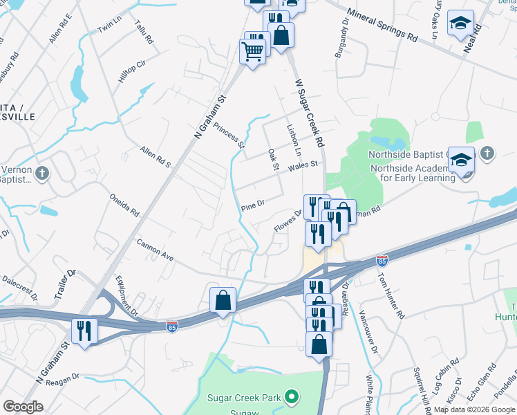 map of restaurants, bars, coffee shops, grocery stores, and more near 5230 Pine Drive in Charlotte