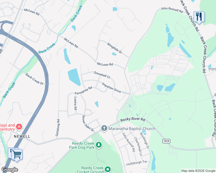 map of restaurants, bars, coffee shops, grocery stores, and more near Impatien Drive in Charlotte