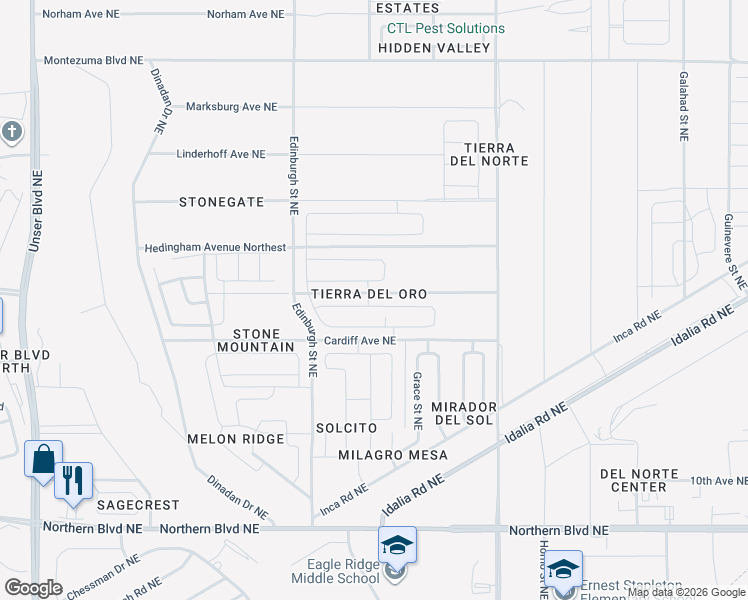 map of restaurants, bars, coffee shops, grocery stores, and more near 1327 San Juan Court Northeast in Rio Rancho
