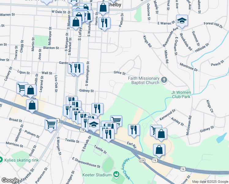 map of restaurants, bars, coffee shops, grocery stores, and more near 316 Deerfield Drive in Shelby