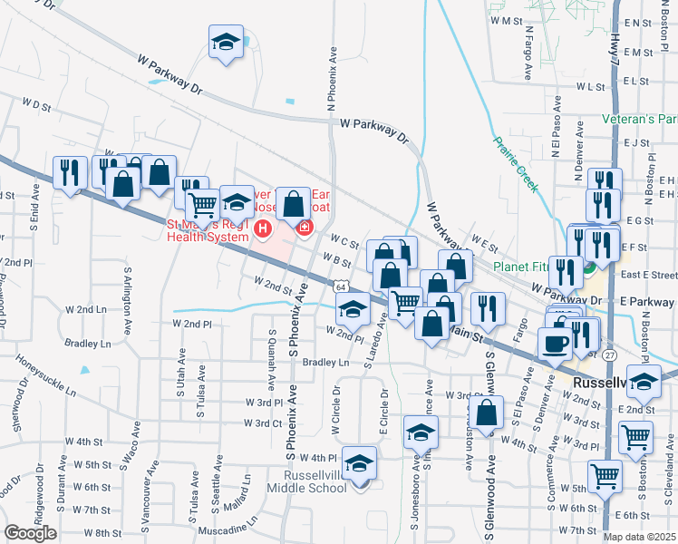 map of restaurants, bars, coffee shops, grocery stores, and more near 1412 West Main Street in Russellville