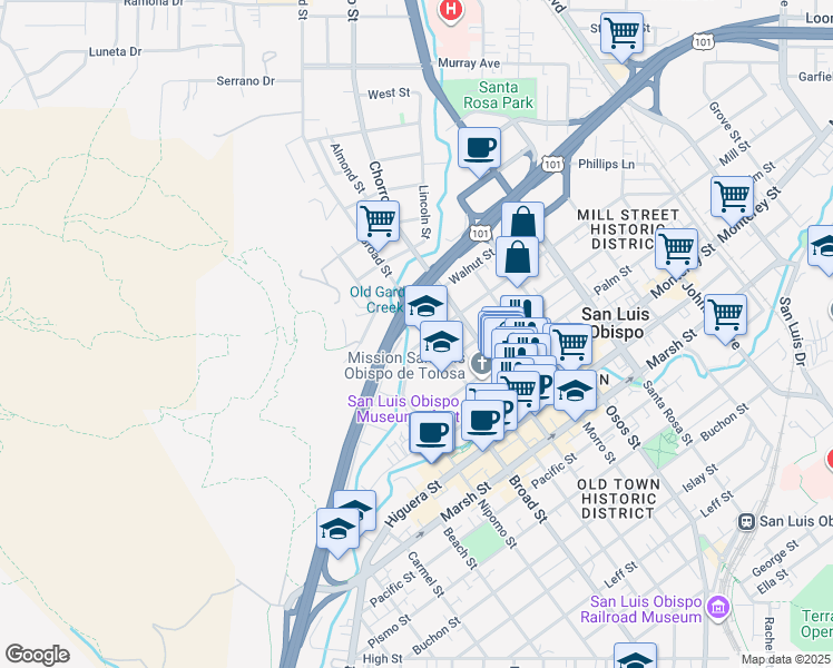 map of restaurants, bars, coffee shops, grocery stores, and more near 682 Broad Street in San Luis Obispo