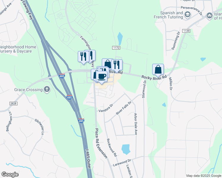 map of restaurants, bars, coffee shops, grocery stores, and more near 9625 Rocky River Road in Charlotte