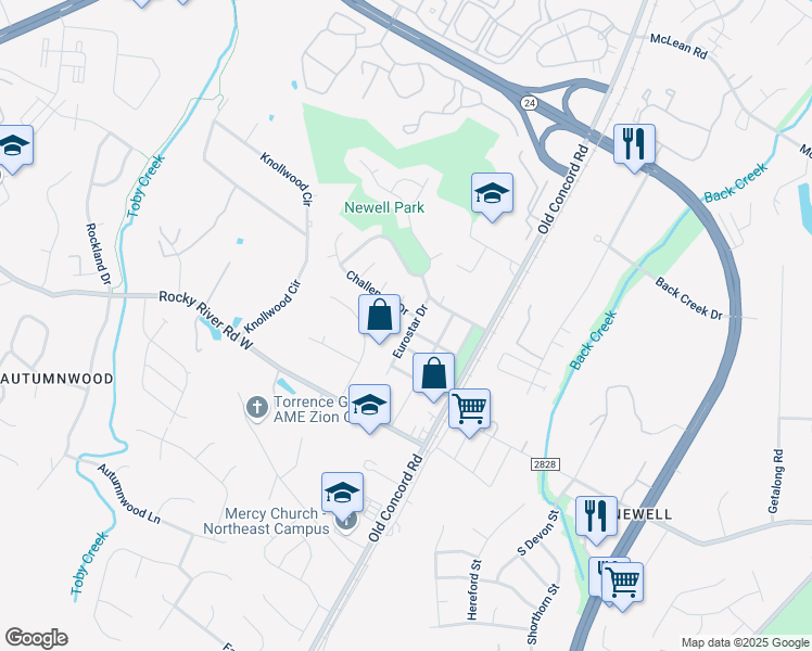 map of restaurants, bars, coffee shops, grocery stores, and more near 8619 Challenger Drive in Charlotte