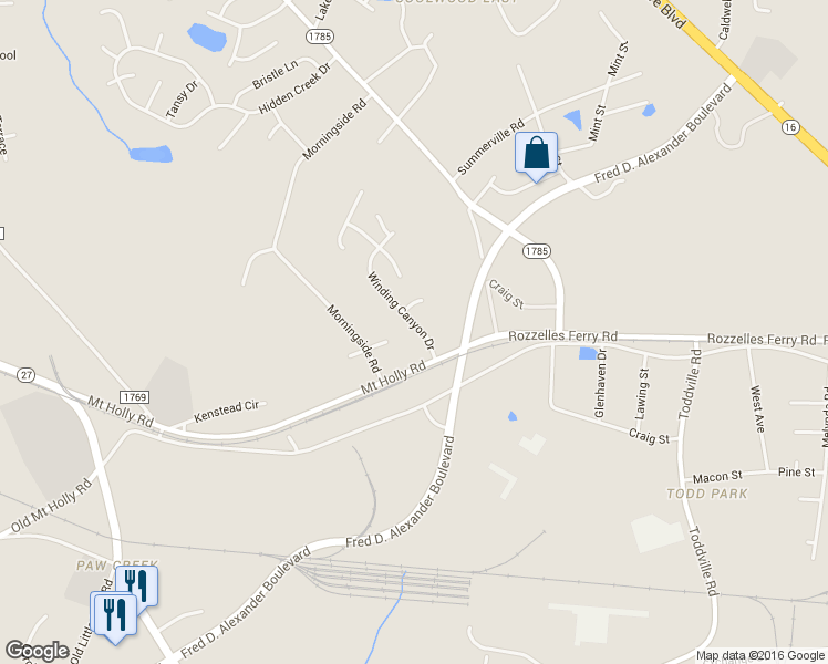 map of restaurants, bars, coffee shops, grocery stores, and more near 136 Winding Canyon Drive in Charlotte