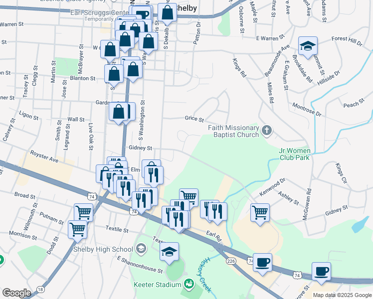 map of restaurants, bars, coffee shops, grocery stores, and more near 316 Deerfield Drive in Shelby