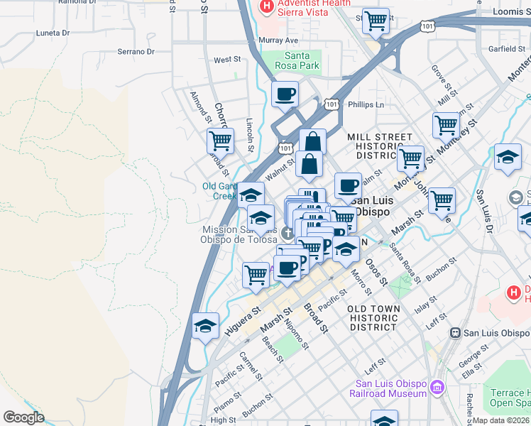 map of restaurants, bars, coffee shops, grocery stores, and more near 699 Chorro Street in San Luis Obispo