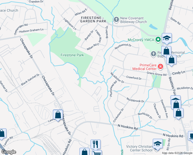 map of restaurants, bars, coffee shops, grocery stores, and more near 3219 Braden Drive in Charlotte