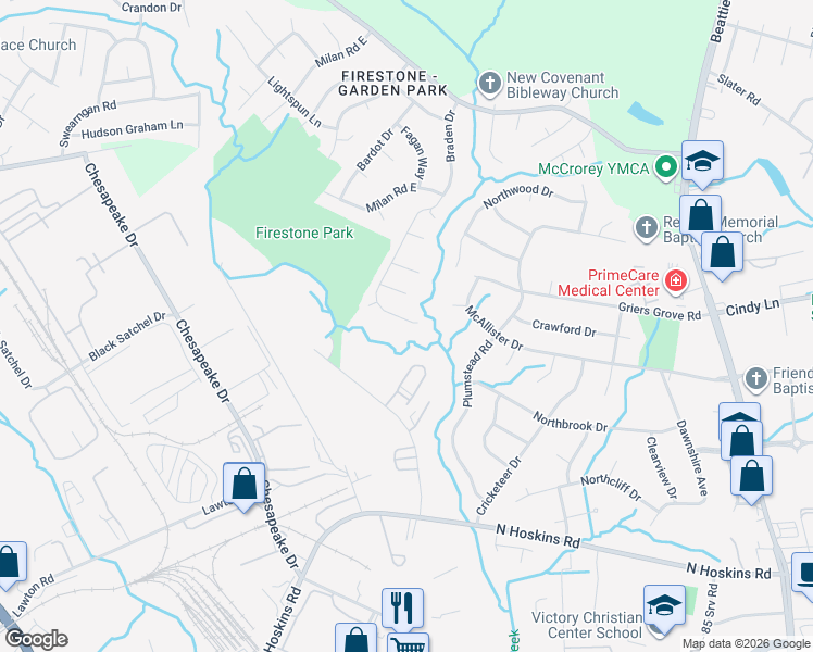 map of restaurants, bars, coffee shops, grocery stores, and more near 3226 Braden Drive in Charlotte