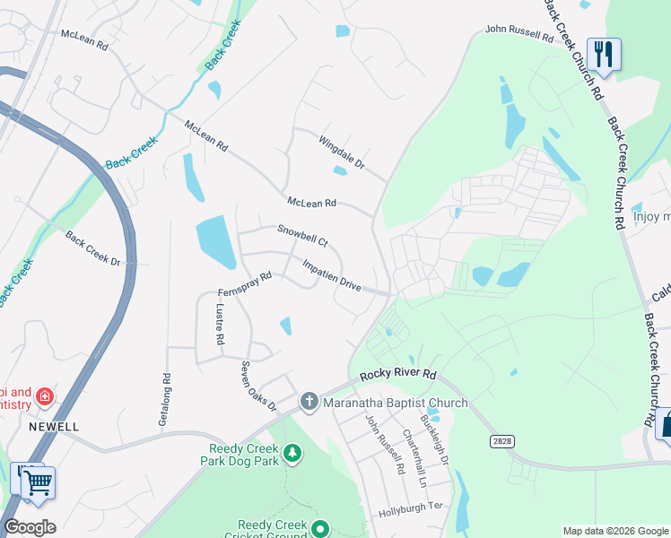 map of restaurants, bars, coffee shops, grocery stores, and more near 10021 Fernspray Road in Charlotte