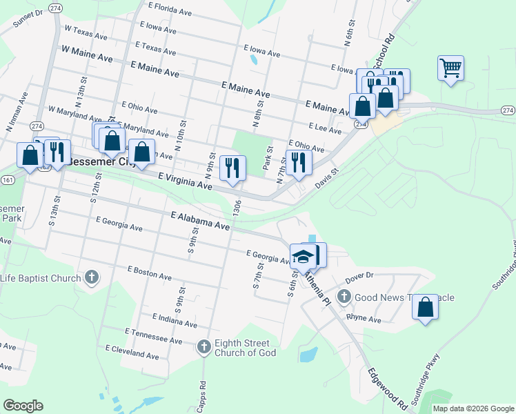 map of restaurants, bars, coffee shops, grocery stores, and more near 510 East Virginia Avenue in Bessemer City