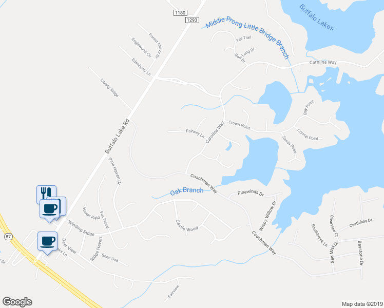 map of restaurants, bars, coffee shops, grocery stores, and more near 75 Carolina Way in Sanford