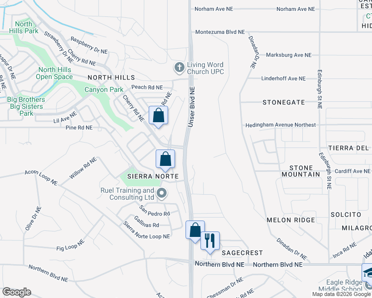 map of restaurants, bars, coffee shops, grocery stores, and more near Unser Blvd NE & Cherry Rd NE in Rio Rancho