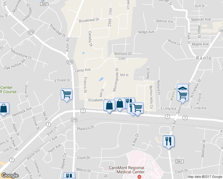 map of restaurants, bars, coffee shops, grocery stores, and more near 1007 Morningside Park Drive in Gastonia