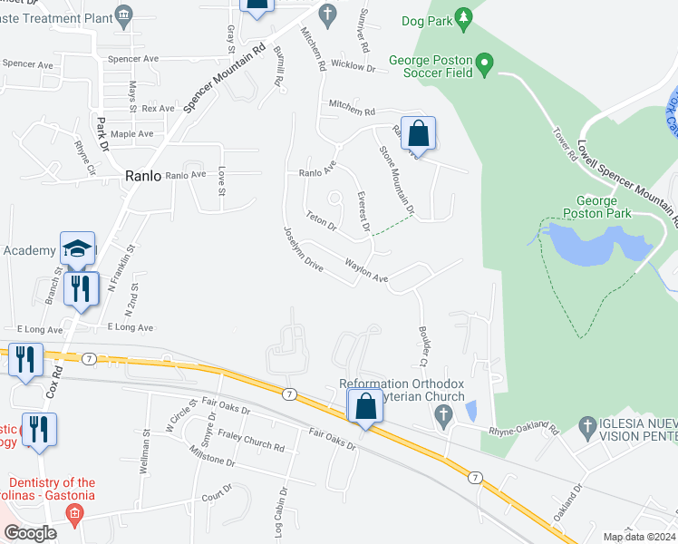 map of restaurants, bars, coffee shops, grocery stores, and more near 816 Joselynn Drive in Gastonia