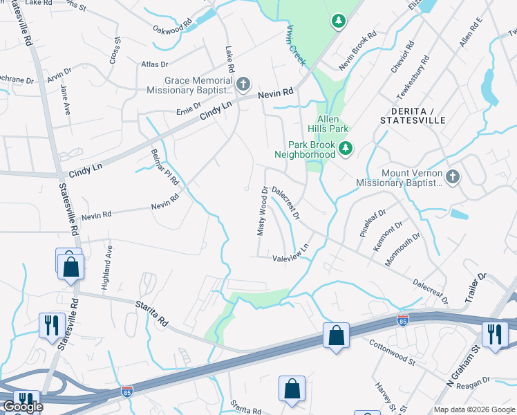 map of restaurants, bars, coffee shops, grocery stores, and more near 3515 Misty Wood Drive in Charlotte