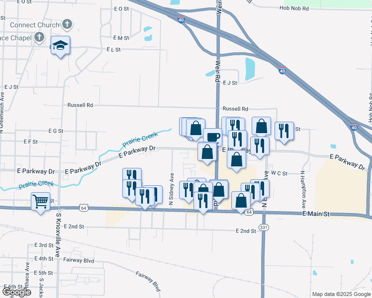 map of restaurants, bars, coffee shops, grocery stores, and more near 2000 East Parkway Drive in Russellville