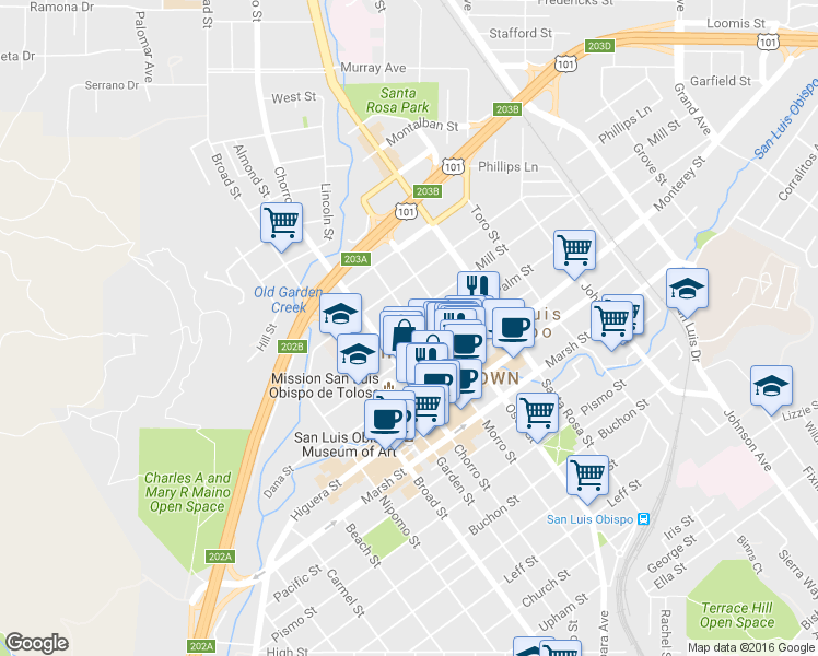 map of restaurants, bars, coffee shops, grocery stores, and more near 870 Mill Street in San Luis Obispo