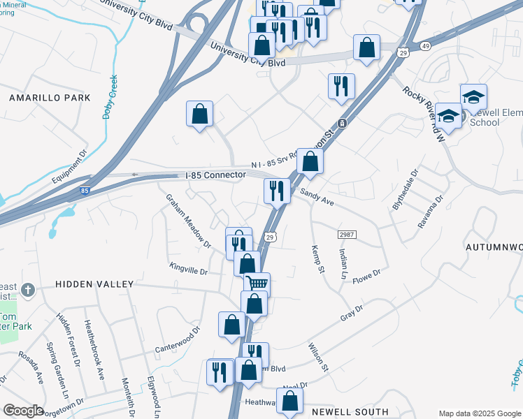 map of restaurants, bars, coffee shops, grocery stores, and more near 2427 April Liu Lane in Charlotte