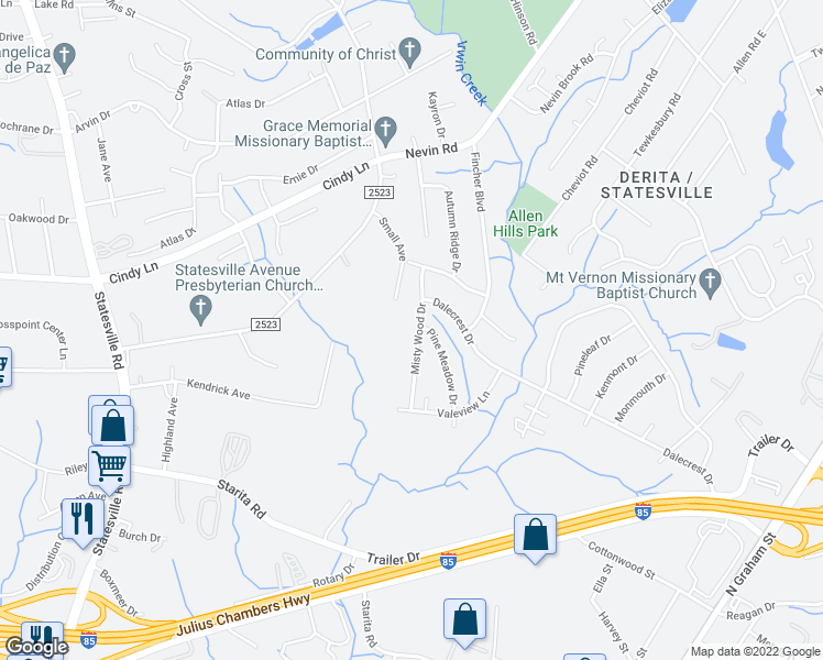 map of restaurants, bars, coffee shops, grocery stores, and more near 3515 Misty Wood Drive in Charlotte