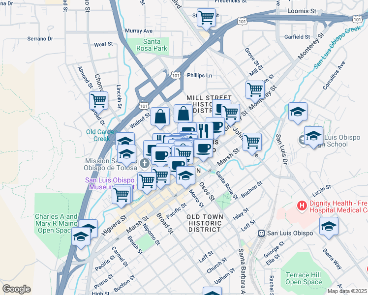 map of restaurants, bars, coffee shops, grocery stores, and more near in San Luis Obispo