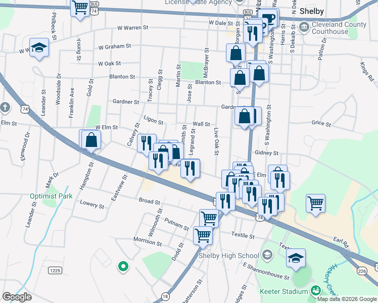map of restaurants, bars, coffee shops, grocery stores, and more near 702 Legrand Street in Shelby