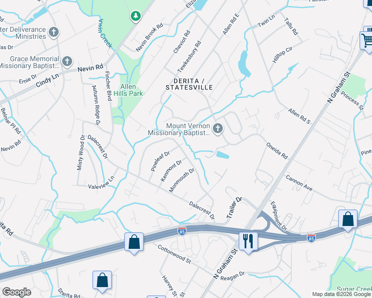 map of restaurants, bars, coffee shops, grocery stores, and more near 3024 Cedarhurst Drive in Charlotte