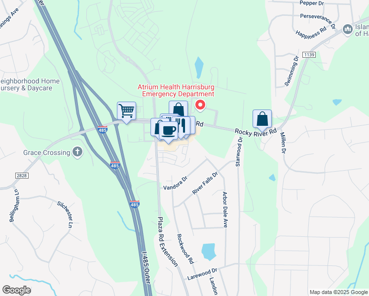 map of restaurants, bars, coffee shops, grocery stores, and more near 9625 Rocky River Road in Charlotte