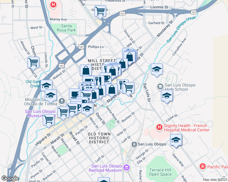 map of restaurants, bars, coffee shops, grocery stores, and more near 1212/2 Toro Street in San Luis Obispo