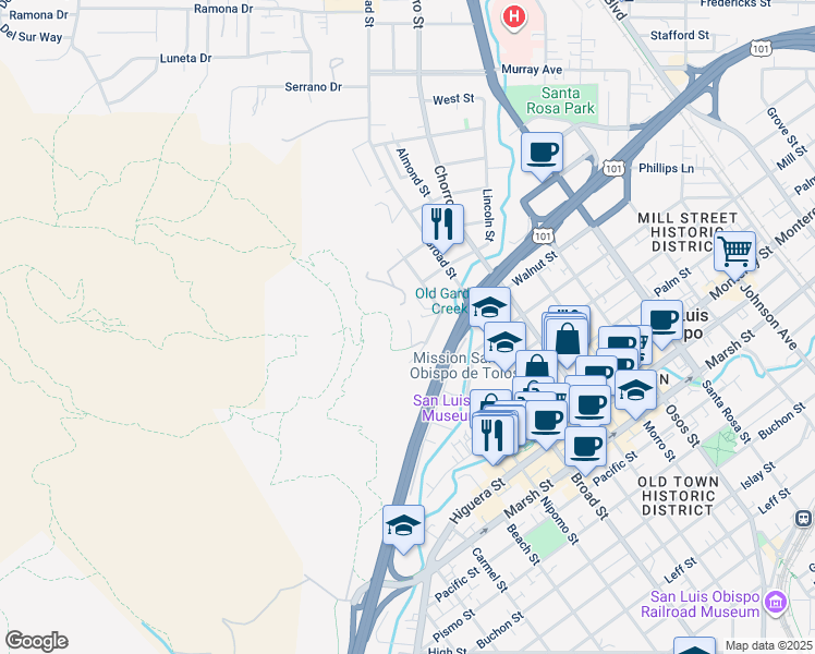 map of restaurants, bars, coffee shops, grocery stores, and more near 663 Hill Street in San Luis Obispo