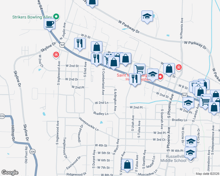 map of restaurants, bars, coffee shops, grocery stores, and more near 2512 West 2nd Place in Russellville